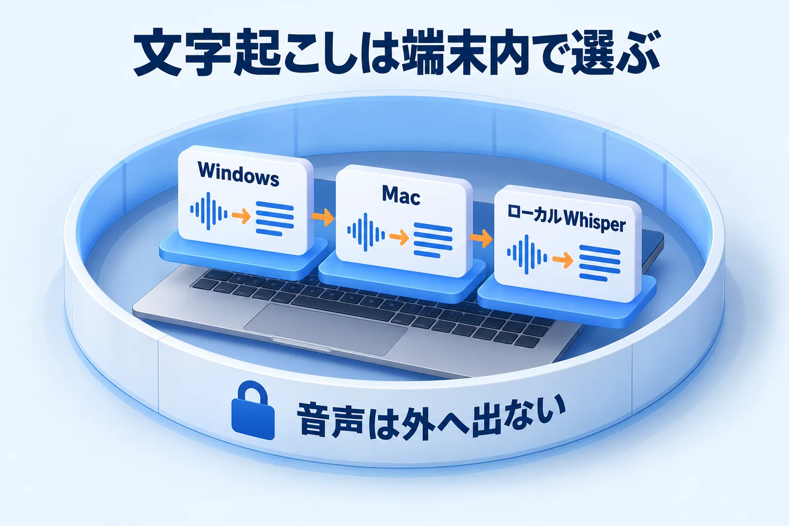 Windows・Mac・ローカルWhisperの3方式がどれも端末内の壁の中で動き、音声が外に出ないことを示す図
