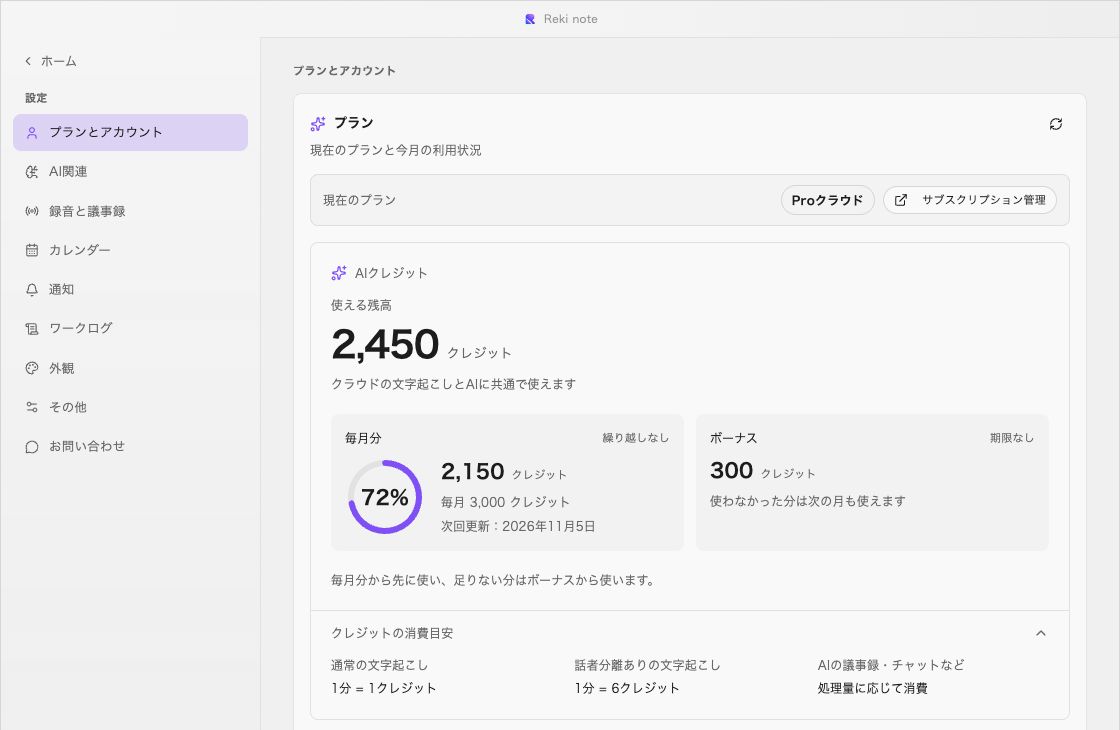 AIクレジットの残高と消費目安を表示したデモ画面